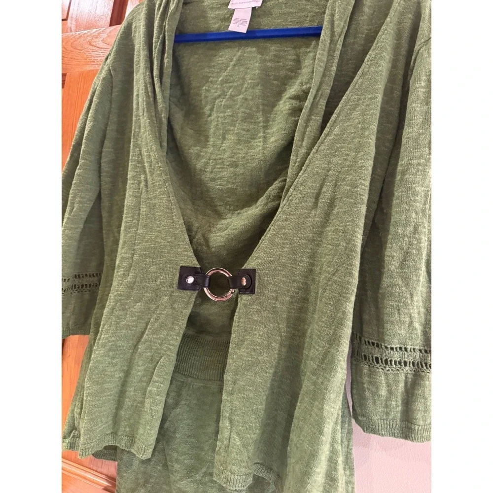 Soft‎ Surroundings Green Linen Blend Open Front Cardigan Sweater with Detail